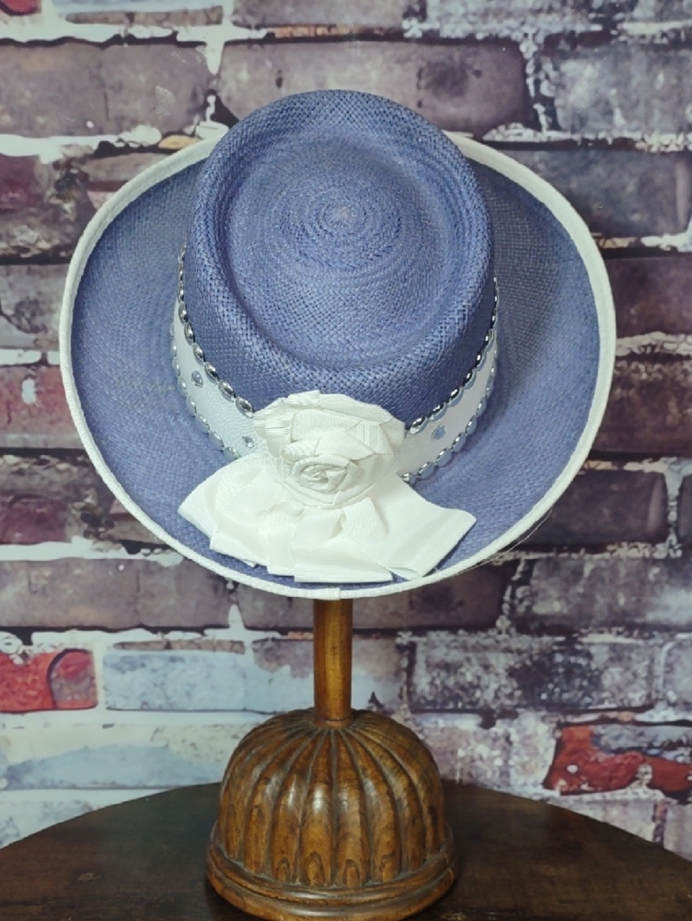 Blue Straw Boater Hat with White Studded Band - Picture 3 of 7